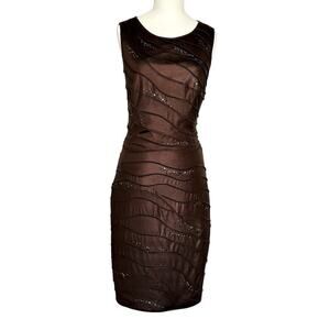 Tadashi Shoji Brown Metal Beaded Textured Pleated Sleeveless Cocktail Dress XS